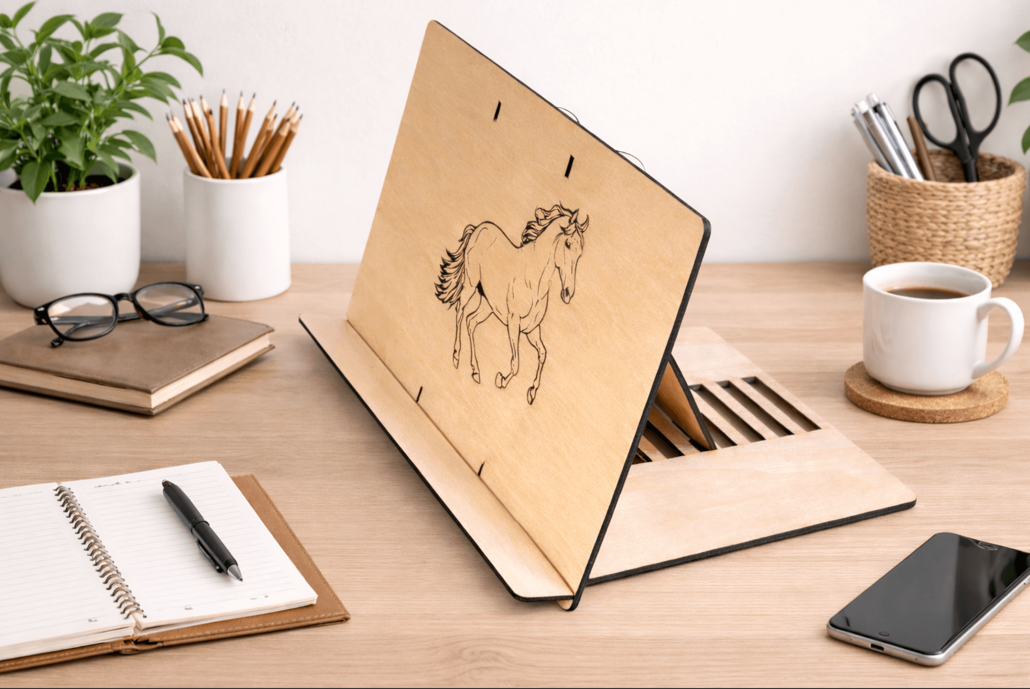 Support tablette en bois gravé au laser "Cheval" – Image 2